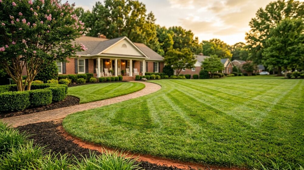 Striped lawn and brick paver walkway curving to a southern home with crepe myrtles