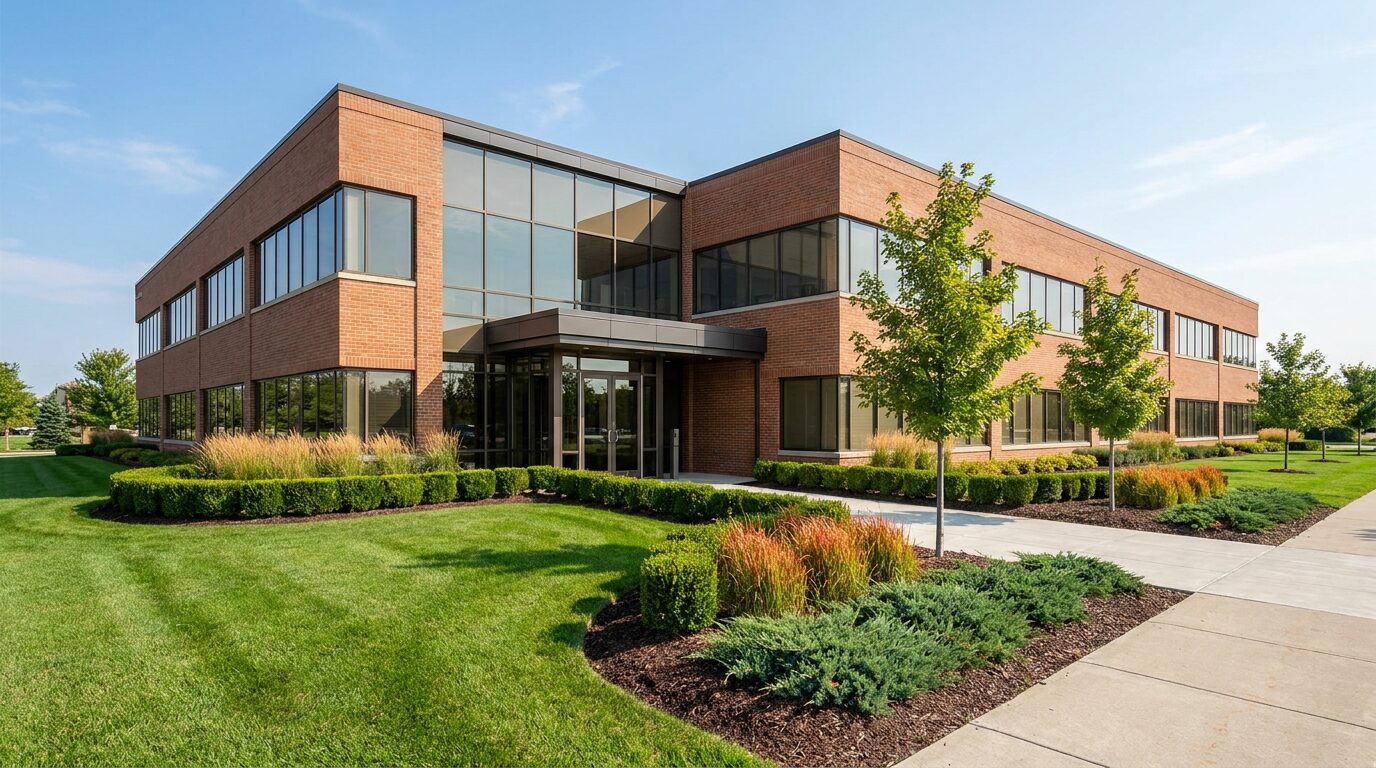 Professionally maintained grounds at a commercial property — manicured turf, trimmed shrubs and clean landscape beds