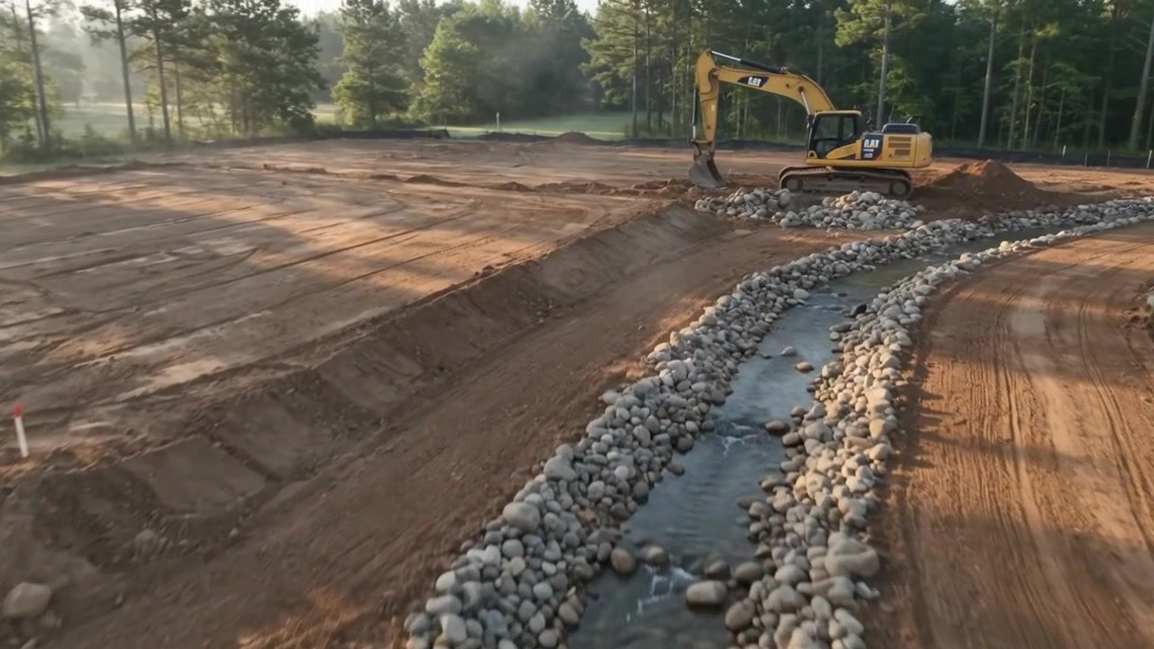 Excavator grading a residential lot with a rock-lined drainage channel