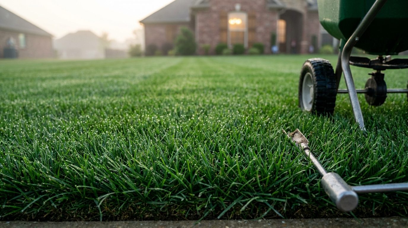 Broadcast spreader applying turf treatment on a dew-covered striped lawn at sunrise